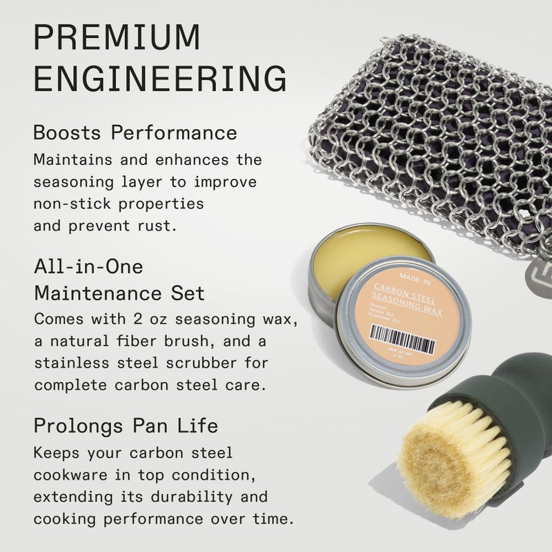 Madein Made In Cookware - 3-Piece Carbon Steel Cleaning Set - Includes Chain Mail Scrubber, Cleaning Brush and Carbon Steel Seasoning Wax - Image 2